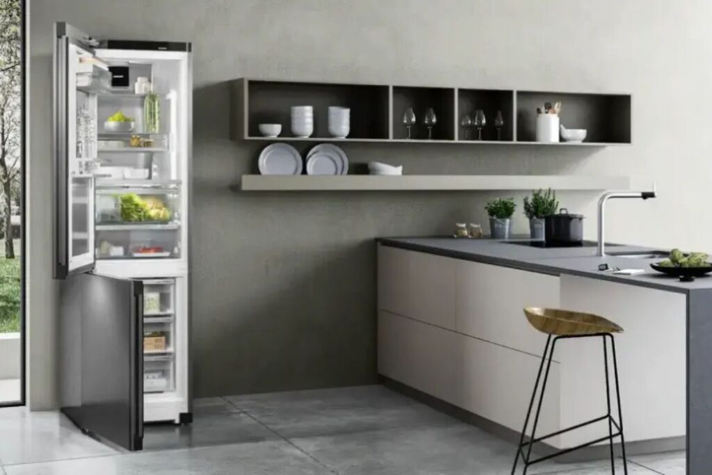 Various refrigerator cabinet surrounds showcasing different styles, including freestanding, full, and partial surrounds. These designs blend seamlessly with home décor, providing a clean and stylish finish to refrigerators. The images highlight how the surrounds complement modern kitchen aesthetics and help integrate appliances into the overall design.