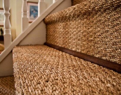 Stylish jute stair runner on a curved staircase with modern design and elegant neutral tones.