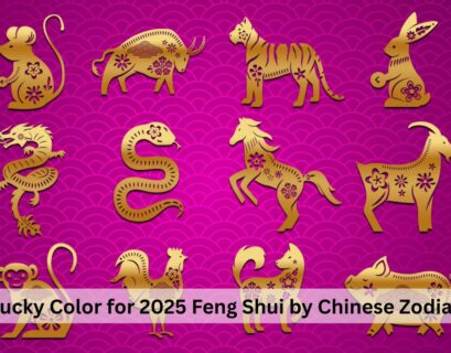 An illustration of the 12 Chinese zodiac animals in gold, decorated with floral patterns, set against a vibrant pink background with a wavy design. The image represents the lucky color for 2025 according to Feng Shui, with each animal symbolizing different attributes of the zodiac signs.