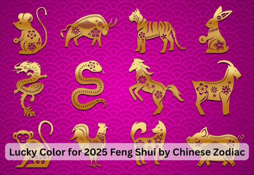 An illustration of the 12 Chinese zodiac animals in gold, decorated with floral patterns, set against a vibrant pink background with a wavy design. The image represents the lucky color for 2025 according to Feng Shui, with each animal symbolizing different attributes of the zodiac signs.