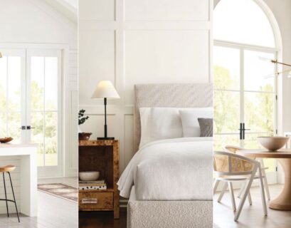 A modern home interior featuring Sherwin Williams Toque White walls, including a bright kitchen with white cabinetry, a cozy bedroom with soft neutral decor, and an elegant dining area with large windows, all creating a clean, airy, and inviting atmosphere.