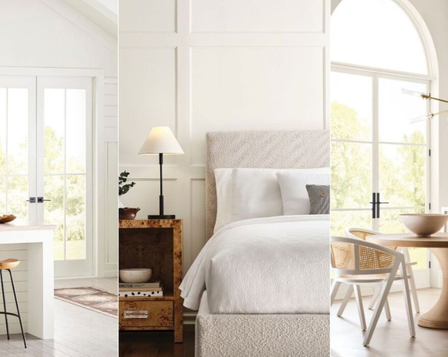A modern home interior featuring Sherwin Williams Toque White walls, including a bright kitchen with white cabinetry, a cozy bedroom with soft neutral decor, and an elegant dining area with large windows, all creating a clean, airy, and inviting atmosphere.