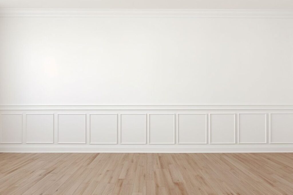 A spacious room with light wood flooring and a white panel wainscoting, featuring white walls white trim along the baseboards.