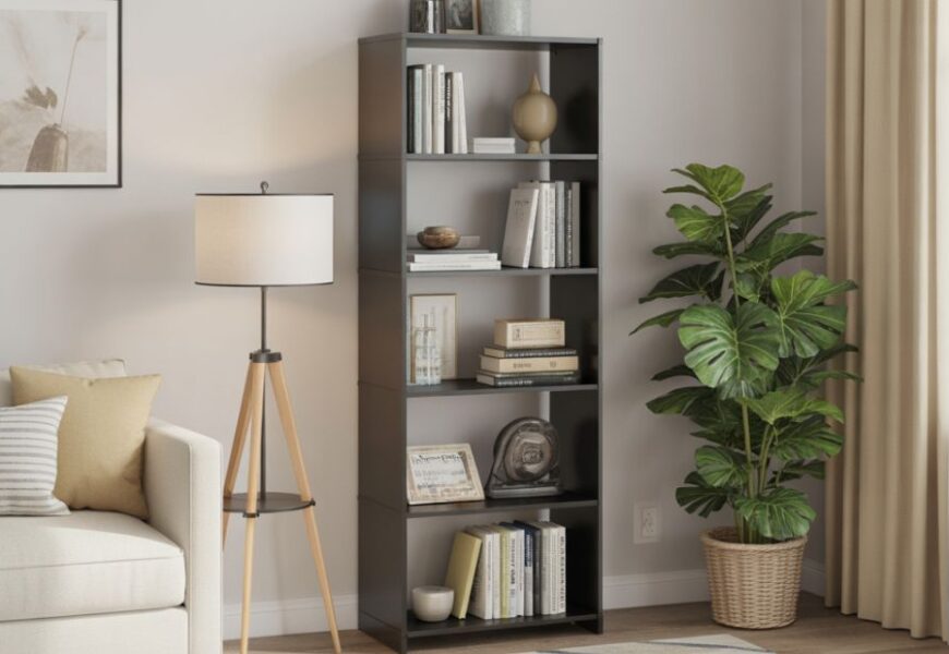 5 shelf adjustable black bookcase under $40