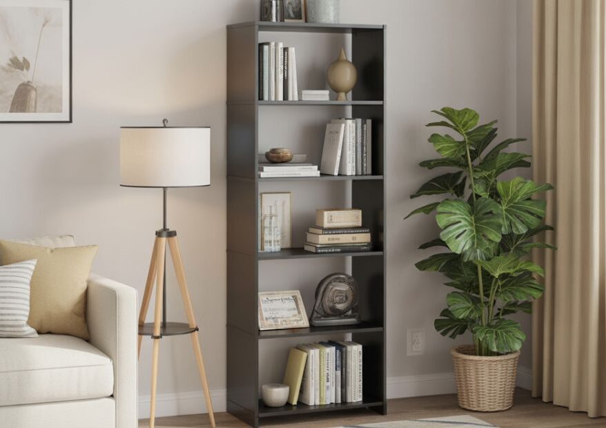 5 shelf adjustable black bookcase under $40